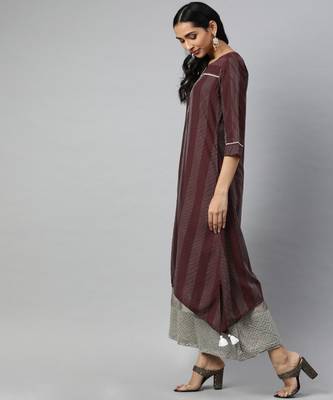 Women Maroon Self Design A-Line Handloom Kurta 2