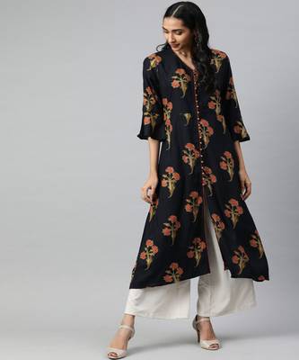 Women Blue Floral A-Line Rayon Kurta 1