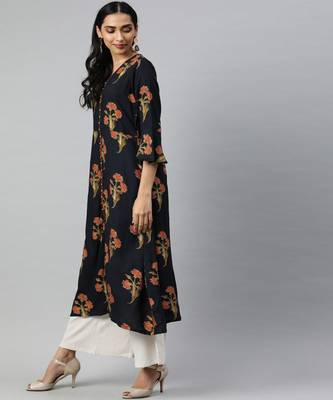 Women Blue Floral A-Line Rayon Kurta 2