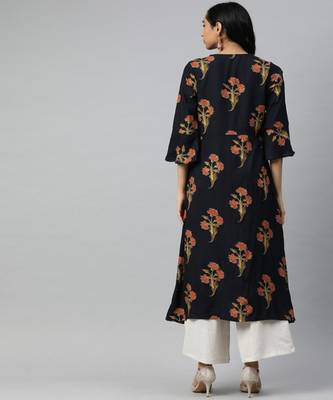 Women Blue Floral A-Line Rayon Kurta 3