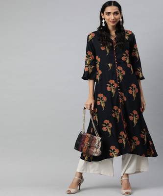 Women Blue Floral A-Line Rayon Kurta 5