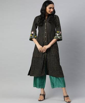 Women Black Geometric A-Line Rayon Kurta 1