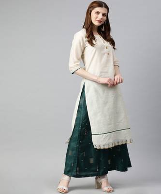 Women Off White Self Design Straight Chanderi Kurta 2