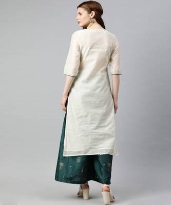 Women Off White Self Design Straight Chanderi Kurta 3