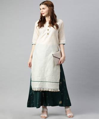 Women Off White Self Design Straight Chanderi Kurta 5