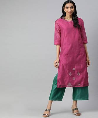 Women Pink Solid Straight Chanderi Kurta 1