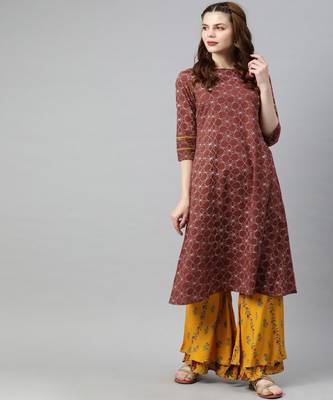 Women Rust Geometric A-Line Cotton Kurta 1