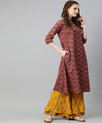 Women Rust Geometric A-Line Cotton Kurta 2