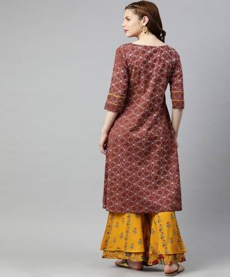 Women Rust Geometric A-Line Cotton Kurta 3