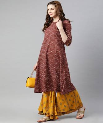Women Rust Geometric A-Line Cotton Kurta 5