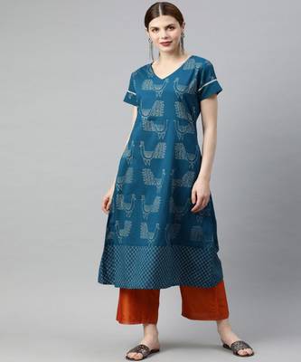 Women Teal Quirky A-Line Cotton Kurta 1
