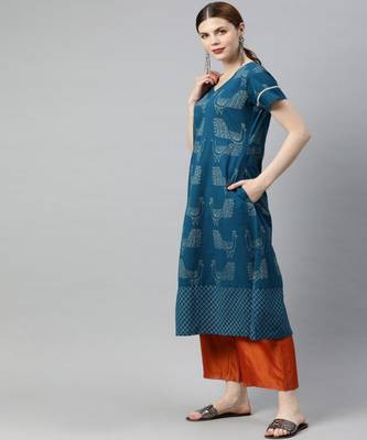 Women Teal Quirky A-Line Cotton Kurta 2