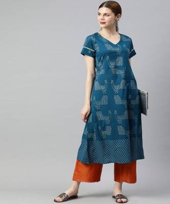 Women Teal Quirky A-Line Cotton Kurta 5