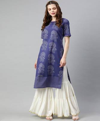 Women Blue Quirky Straight Cotton Kurta 1
