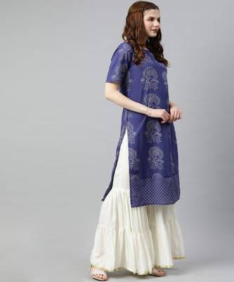 Women Blue Quirky Straight Cotton Kurta 2