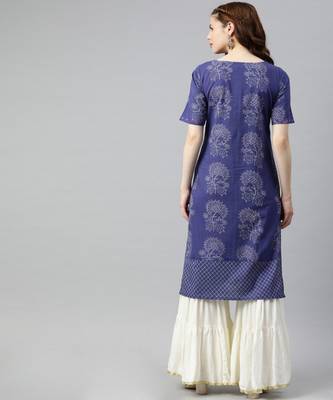 Women Blue Quirky Straight Cotton Kurta 3