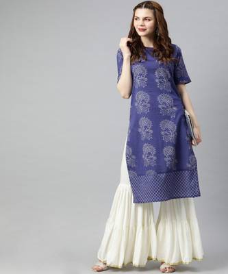 Women Blue Quirky Straight Cotton Kurta 5