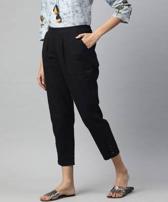 Black Solid Cotton Slub Pant 1
