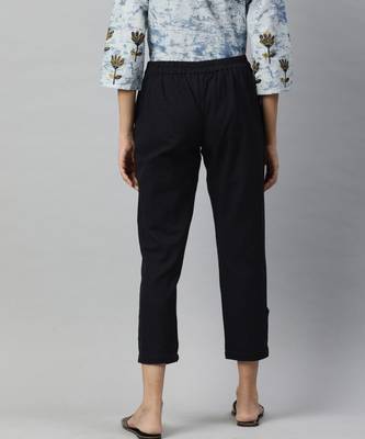Black Solid Cotton Slub Pant 2