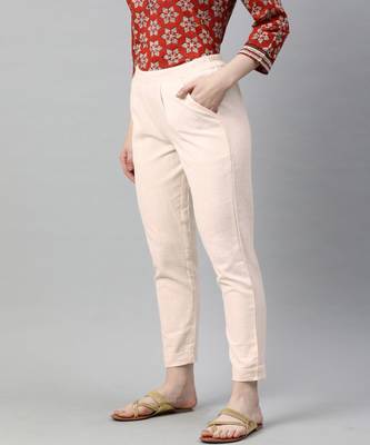 Off White Solid Cotton Slub Pant 2