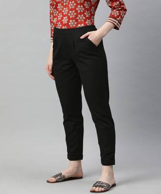 Black Solid Cotton Slub Pant 3