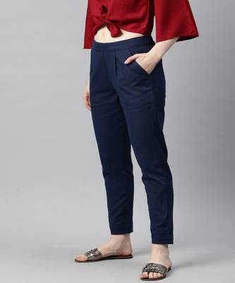 Navy Blue Solid Cotton Slub Pant 2