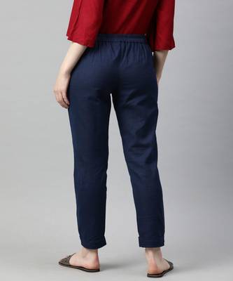 Navy Blue Solid Cotton Slub Pant 3