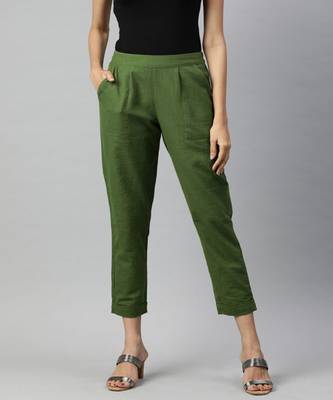 Olive Solid Cotton Slub Pant 1