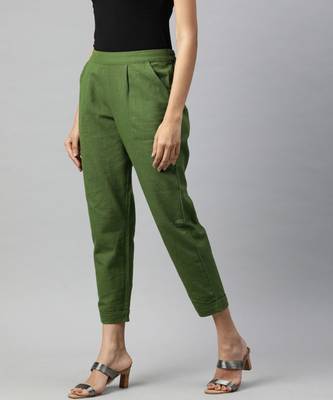 Olive Solid Cotton Slub Pant 2
