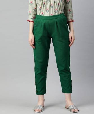 Bottle Green Solid Cotton Slub Pant 1