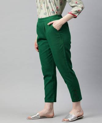 Bottle Green Solid Cotton Slub Pant 2
