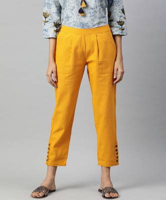 Mustard Solid Cotton Slub Pant 1