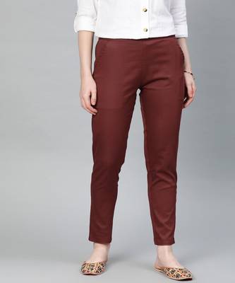 Maroon Solid Cotton Lycra Pant 1