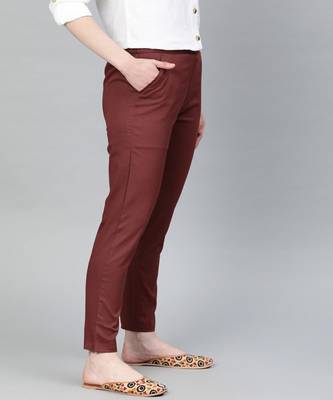 Maroon Solid Cotton Lycra Pant 2