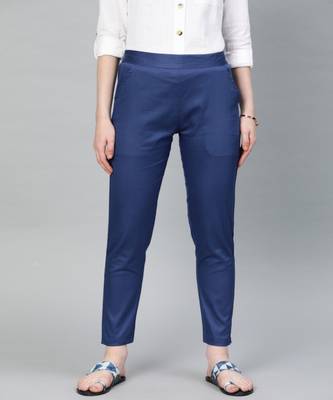 Persian Blue Solid Cotton Lycra Pant 1