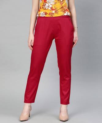 Red Solid Cotton Lycra Pant 1