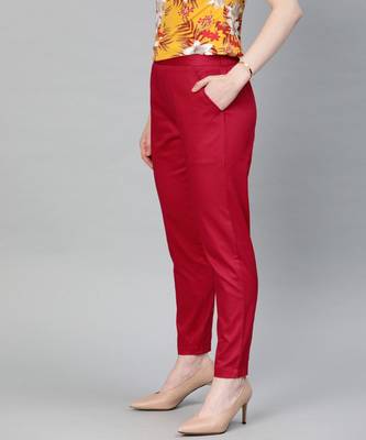 Red Solid Cotton Lycra Pant 2