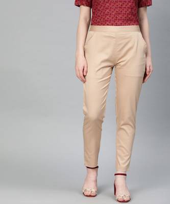 Beige Solid Cotton Lycra Pant 1