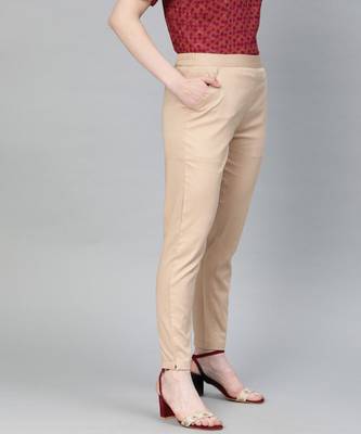 Beige Solid Cotton Lycra Pant 2