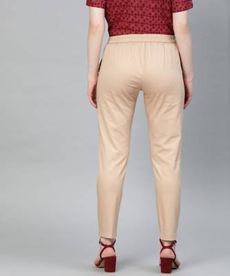 Beige Solid Cotton Lycra Pant 3