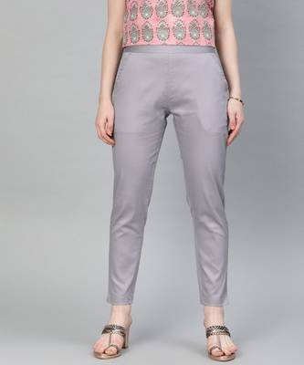 Grey Solid Cotton Lycra Pant 1