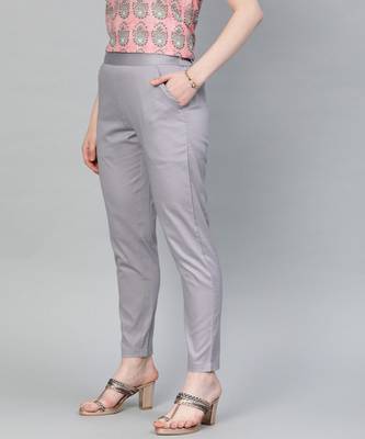 Grey Solid Cotton Lycra Pant 2