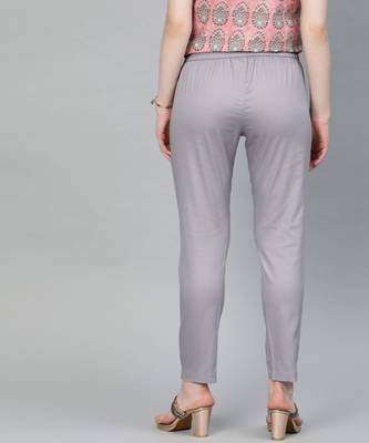 Grey Solid Cotton Lycra Pant 3