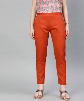 Rust Orange Solid Cotton Lycra Pant 1