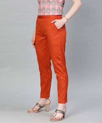 Rust Orange Solid Cotton Lycra Pant 2