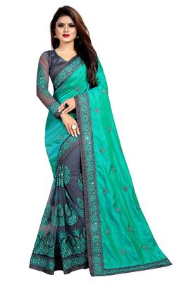 Sea Green embroidered georgette and net saree with blouse 1
