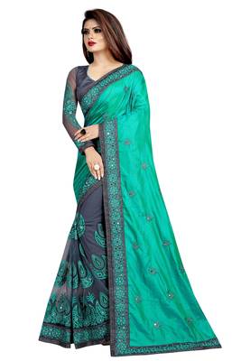 Sea Green embroidered georgette and net saree with blouse 2