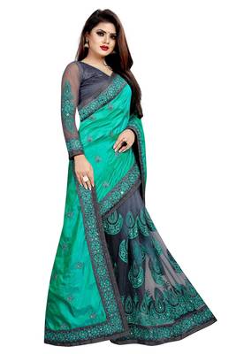 Sea Green embroidered georgette and net saree with blouse 3