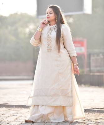 Calming cream silk kurta with skirt 1