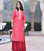 Peach handblock chanderi kurta with skirt
